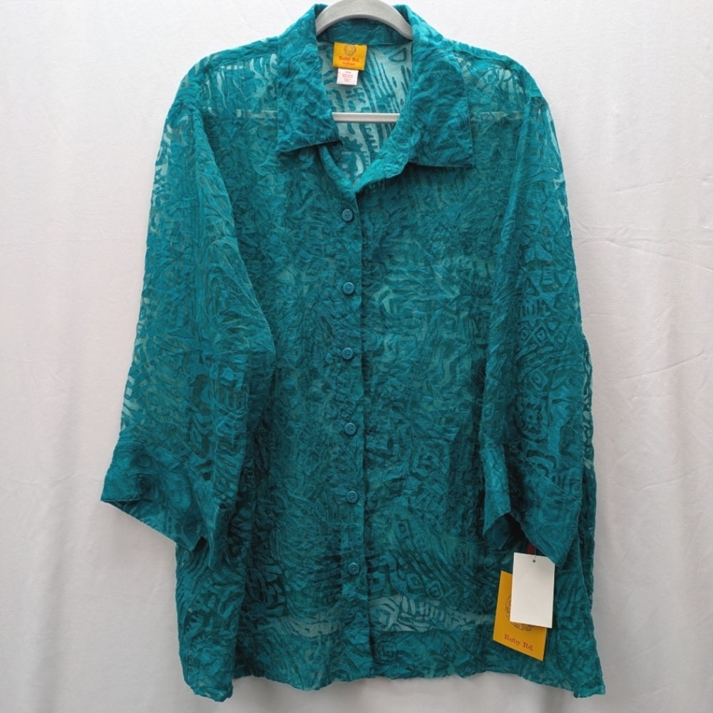 NWT Ruby Rd. Beautiful Teal Textured Burnout Blouse Sz 22W Lightweight